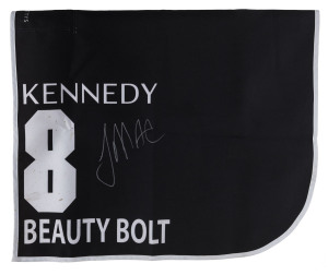 KENNEDY OAKS 2019 Horse No.8 (Barrier 3), BEAUTY BOLT, Jockey: James McDonald, The unique number 8 saddlecloth, signed by James McDonald accompanied by a letter of authenticity and limitation signed by Neil Wilson, CEO, Victoria Racing Club, Limited and t