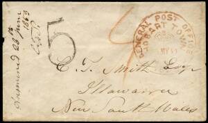1853 (May) envelope Hobart to NSW struck with &nbsp;GENERAL POST OFFICE HOBART TOWN with crown, mss '4' and '55 in black on arrival. Sydney arrival backstamp 21 June.