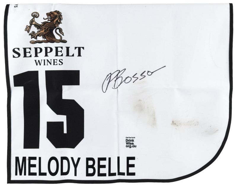 SEPPELT MACKINNON STAKES 2019 Horse No.15 (Barrier 15), MELODY BELLE, Jockey: Opie Bosson, The unique number 15 saddlecloth, signed by Opie Bosson accompanied by a letter of authenticity and limitation signed by Neil Wilson, CEO, Victoria Racing Club, Lim