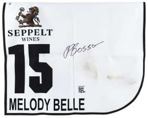 SEPPELT MACKINNON STAKES 2019 Horse No.15 (Barrier 15), MELODY BELLE, Jockey: Opie Bosson, The unique number 15 saddlecloth, signed by Opie Bosson accompanied by a letter of authenticity and limitation signed by Neil Wilson, CEO, Victoria Racing Club, Limited and the official Seppelt Wines Stakes Day Racebook.