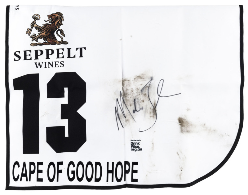 SEPPELT MACKINNON STAKES 2019 Horse No.13 (Barrier 2), CAPE OF GOOD HOPE, Jockey: Mark Zahra, The unique number 13 saddlecloth, signed by Mark Zahra accompanied by a letter of authenticity and limitation signed by Neil Wilson, CEO, Victoria Racing Club, L