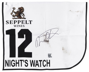 SEPPELT MACKINNON STAKES 2019 Horse No.12 (Barrier 1), NIGHT'S WATCH, Jockey: Damien Oliver, The unique number 12 saddlecloth, signed by Damien Oliver accompanied by a letter of authenticity and limitation signed by Neil Wilson, CEO, Victoria Racing Club, Limited and the official Seppelt Wines Stakes Day Racebook.
