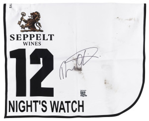 SEPPELT MACKINNON STAKES 2019 Horse No.12 (Barrier 1), NIGHT'S WATCH, Jockey: Damien Oliver, The unique number 12 saddlecloth, signed by Damien Oliver accompanied by a letter of authenticity and limitation signed by Neil Wilson, CEO, Victoria Racing Club,