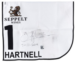 SEPPELT MACKINNON STAKES 2019 Horse No.1 (Barrier 13), HARTNELL, Jockey: Hugh Bowman, The unique number 1 saddlecloth, signed by Hugh Bowman accompanied by a letter of authenticity and limitation signed by Neil Wilson, CEO, Victoria Racing Club, Limited and the official Seppelt Wines Stakes Day Racebook.