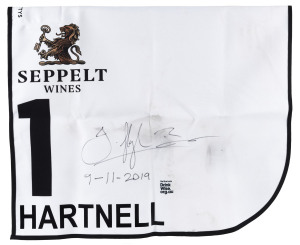 SEPPELT MACKINNON STAKES 2019 Horse No.1 (Barrier 13), HARTNELL, Jockey: Hugh Bowman, The unique number 1 saddlecloth, signed by Hugh Bowman accompanied by a letter of authenticity and limitation signed by Neil Wilson, CEO, Victoria Racing Club, Limited a