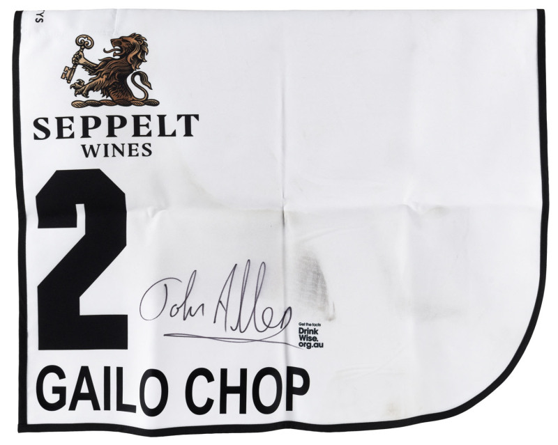 SEPPELT MACKINNON STAKES 2019 Horse No.2 (Barrier 14), GAILO CHOP, Jockey: John Allen, The unique number 2 saddlecloth, signed by John Allen accompanied by a letter of authenticity and limitation signed by Neil Wilson, CEO, Victoria Racing Club, Limited a