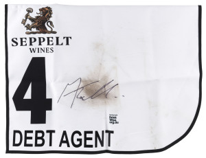 SEPPELT MACKINNON STAKES 2019 Horse No.4 (Barrier 6), DEBT AGENT, Jockey: Michael Rodd, The unique number 4 saddlecloth, signed by Michael Rodd accompanied by a letter of authenticity and limitation signed by Neil Wilson, CEO, Victoria Racing Club, Limited and the official Seppelt Wines Stakes Day Racebook.