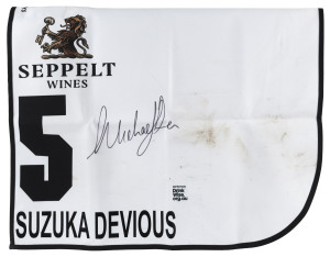 SEPPELT MACKINNON STAKES 2019 Horse No.5 (Barrier 16), SUZUKA DEVIOUS, Jockey: Michael Dee, The unique number 5 saddlecloth, signed by Michael Dee accompanied by a letter of authenticity and limitation signed by Neil Wilson, CEO, Victoria Racing Club, Limited and the official Seppelt Wines Stakes Day Racebook.