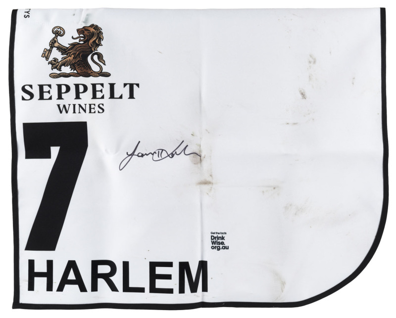 SEPPELT MACKINNON STAKES 2019 Horse No.7 (Barrier 3), HARLEM, Jockey: Jamie Kah, The unique number 7 saddlecloth, signed by Jamie Kah accompanied by a letter of authenticity and limitation signed by Neil Wilson, CEO, Victoria Racing Club, Limited and the