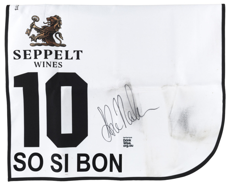 SEPPELT MACKINNON STAKES 2019 Horse No.10 (Barrier 7), SO SI BON, Jockey: Luke Nolen, The unique number 10 saddlecloth, signed by Luke Nolen accompanied by a letter of authenticity and limitation signed by Neil Wilson, CEO, Victoria Racing Club, Limited a