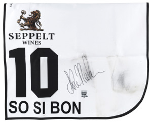 SEPPELT MACKINNON STAKES 2019 Horse No.10 (Barrier 7), SO SI BON, Jockey: Luke Nolen, The unique number 10 saddlecloth, signed by Luke Nolen accompanied by a letter of authenticity and limitation signed by Neil Wilson, CEO, Victoria Racing Club, Limited and the official Seppelt Wines Stakes Day Racebook.