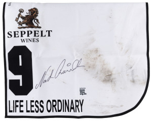 SEPPELT MACKINNON STAKES 2019 Horse No.9 (Barrier 4), LIFE LESS ORDINARY, Jockey: Nash Rawiller, The unique number 9 saddlecloth, signed by Nash Rawiller accompanied by a letter of authenticity and limitation signed by Neil Wilson, CEO, Victoria Racing Club, Limited and the official Seppelt Wines Stakes Day Racebook.