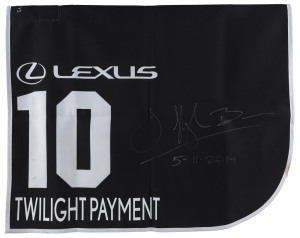 LEXUS MELBOURNE CUP 2019 Horse No.10 (Barrier 19), TWILIGHT PAYMENT, Jockey: Hugh Bowman, The unique number 10 saddlecloth, signed by Hugh Bowman accompanied by a letter of authenticity and limitation signed by Neil Wilson, CEO, Victoria Racing Club, Limited and the official Lexus Melbourne Cup Day Racebook.