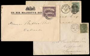 1872-1912 accumulation of covers and postcards, mainly from Hobart, Launceston & some Country offices, also inwards from WA and GB; largely franked 2d Sidefaces or 1d & 2d Pictorials. Noted a number of Black Brush & Bream Creek receival marks & nice Swane