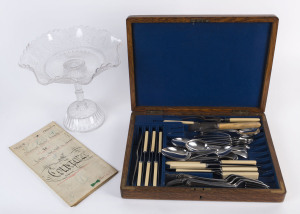 An Australian pressed glass comport with gumleaf decoration, assorted cutlery in oak canteen and an Australian 19th century "Indenture" from Sydney, the comport 25cm high