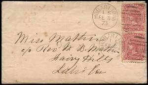 1873 (Feb.3) envelope with contents from Hobart Town to Latrobe franked 1d Sideface pair tied by Hobart Town duplex with unframed Latrobe on reverse.