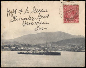 1882 Walch postcards M & used Zeehan with 2d Sideface (unaddressed), 1922 /1923 OHMS wrappers to Lunawanna PAID AT HOBART datestamp in black, 1911 Roberts & Co card embossed 1d (damaged), postcard to USA franked 1d & ½d Pictorials, 1906 postcard from Vict