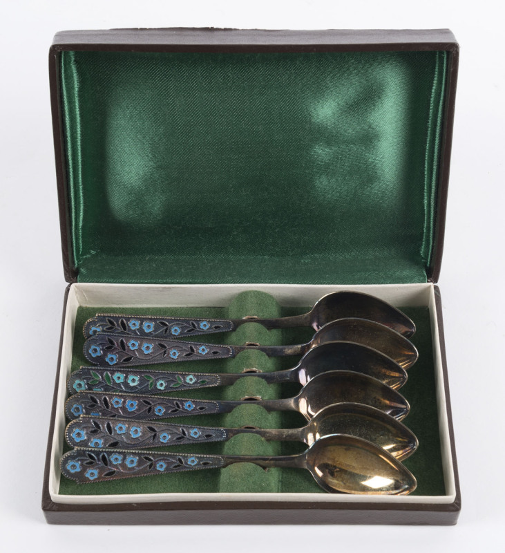 Set of six Soviet Russian silver and enamel teaspoons, circa 1920s, stamped 875 with hammer and sickle mark, ​14cm long