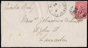 1883 (June 18) folded circular for the AGM of Stanley Turf Club, from Stanley to Launceston franked 1d Sideface tied by BN '20' alongside Stanley datestamp. Launceston arrival backstamp of 20th June. Attractive, and an early horse racing document.