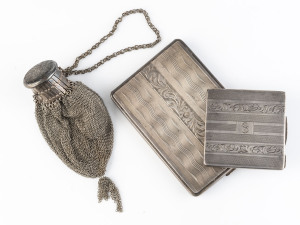 A Continental silver cigarette case, powder compact and silver mesh purse, 19th and 20th century