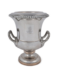 An antique English champagne ice bucket with armorial crest, Sheffield plate, 19th century, 28cm high