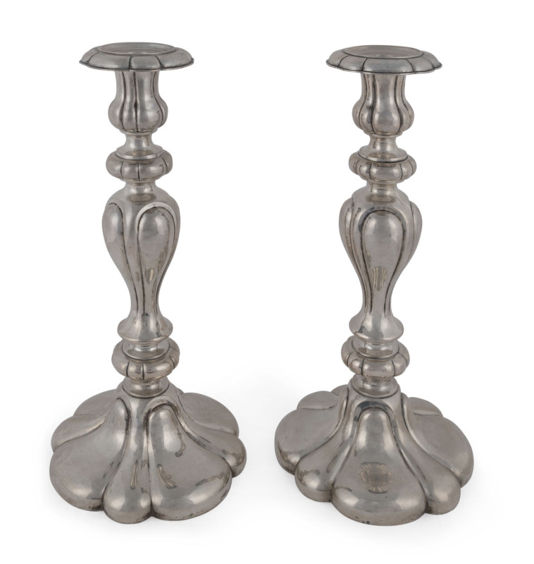 A pair of German silver candlesticks with lobed bases and stems, by Friedberg, circa 1900, 34cm high, 1330 grams.