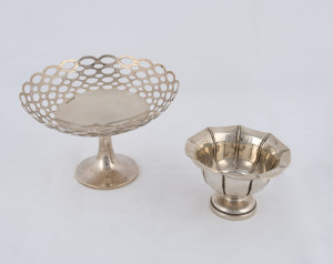 An Austro-Hungarian silver fluted circular bowl, early 20th century, 11cm diameter, 70 grams. Also a George V sterling silver pierced comport by A & J Zimmerman, Birmingham circa 1913, ​12cm high, 18cm diameter, 185 grams. (2 items).