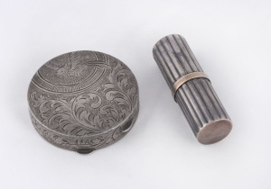 Silver compact and silver lipstick holder with rose gold trim, early 20th century, the compact 5cm diameter