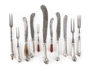 Early cutlery, silver, cornelian, mother of pearl and wooden handles, early to mid 18th century, the largest 28cm long