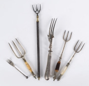 Antique bread forks, silver handled carving fork and servers, 18th and 19th century, (6 items), the largest 35cm long