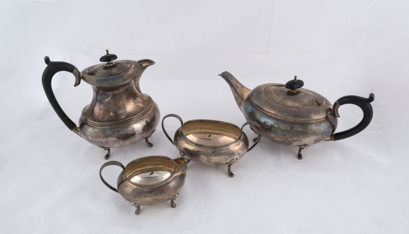 A four piece sterling silver tea service made in Birmingham, circa 1929, ​the tallest 20cm high, 1540 grams total