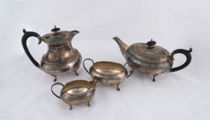 A four piece sterling silver tea service made in Birmingham, circa 1929, the tallest 20cm high, 1540 grams total