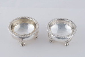 A pair English sterling silver salt cellars by Goldsmiths & Silversmiths Company of London, date mark illegible, 8.5cm diameter, 252 grams total