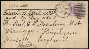 1888 (Jan.18) Hobart to England cover franked 6d Platypus paying the 'via Plymouth' long sea route rate, tied by Hobart duplex, Kings Lynn backstamp of 22 Feb. Postal use of the Platypus issue is uncommon.