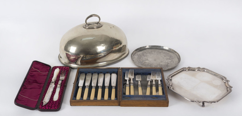 Boxed cutlery, servers, meat dish cover and trays, silver plate and pewter, 19th and 20th century, ​the meat cover 34.5cm across