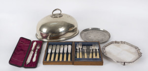 Boxed cutlery, servers, meat dish cover and trays, silver plate and pewter, 19th and 20th century, the meat cover 34.5cm across