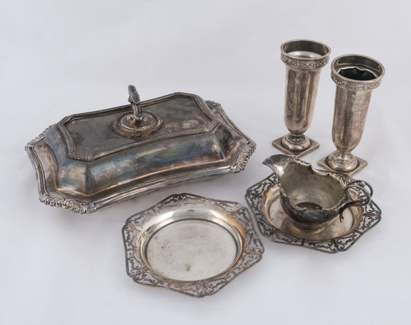 A silver plated tureen, jug and two butter dishes together with two sterling silver vases, 19th and early 20th century, ​the vases 14cm high