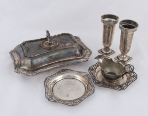 A silver plated tureen, jug and two butter dishes together with two sterling silver vases, 19th and early 20th century, the vases 14cm high