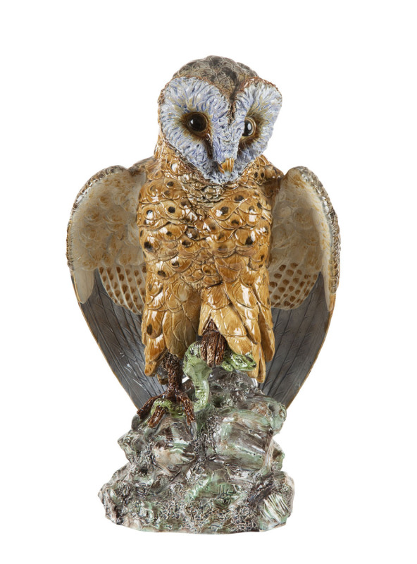HUGO LONITZ Prussian majolica owl, circa 1870s, 37cm high