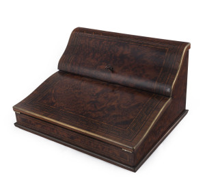 PAUL SORMANI writing compendium, Kingwood and amboyna with ormolu trim, interior fitted with compartment, writing slope and original gold plated ink bottles. Signed "P. SORMANI, 10 r. CHARLOT. 25th December, 1867" with additional monogram, 21cm high, 39cm wide, 32cm deep