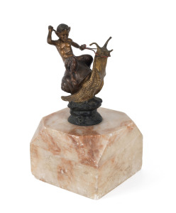 Pan and snail cold painted bronze statue on alabaster plinth, circa 1900, 22cm high overall