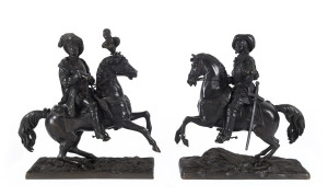A pair of German bronze statues of horse riding nobles, late 18th early 19th century, 28cm high