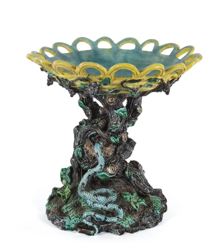 Continental MAJOLICA comport with serpent and nest decoration, 19th century, ​ ​29cm high, 30 cm across