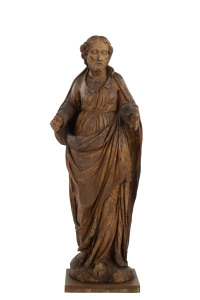 An Apostle statue, carved wood with remains of polychrome finish, 19th century, ​102cm high