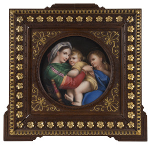 KPM Berlin porcelain plaque in original carved timber frame with gilded highlights, 19th century, the plaque 15cm diameter