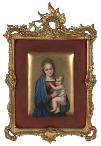 KPM Berlin porcelain plaque of Madonna and child in original carved and gilded frame, 19th century, the plaque 18 x 13cm