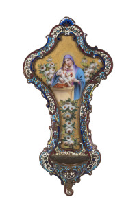 KPM Berlin porcelain font in enamel frame, 19th century, ​28cm high