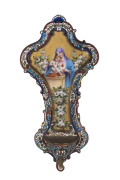 KPM Berlin porcelain font in enamel frame, 19th century, ​28cm high