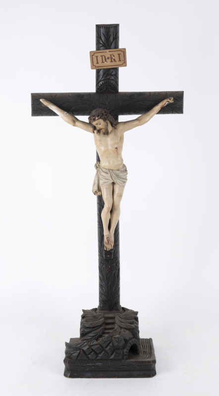 Christ crucifixion figure, polychrome carved wood , 20th century, 88cm high