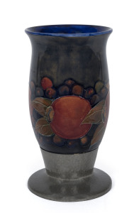 MOORCROFT TUDRIC "Pomegranate" pattern vase on beaten pewter base, circa 1920, stamped "Tudric Moorcroft, Made In England, Connell, 83 Cheapside, London, 01517", 19cm high